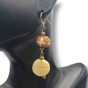 Vintage Carved Wood Nut Dangle Drop Hook Earrings